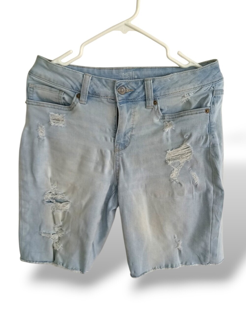 Time N Tru Light Blue Denim Bike Shorts Distressed Stretch